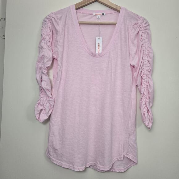 NEW Anthropologie Sundry 100% Pima Cotton Shirred Sleeve Tee Size 0 Light Pink - Picture 1 of 6